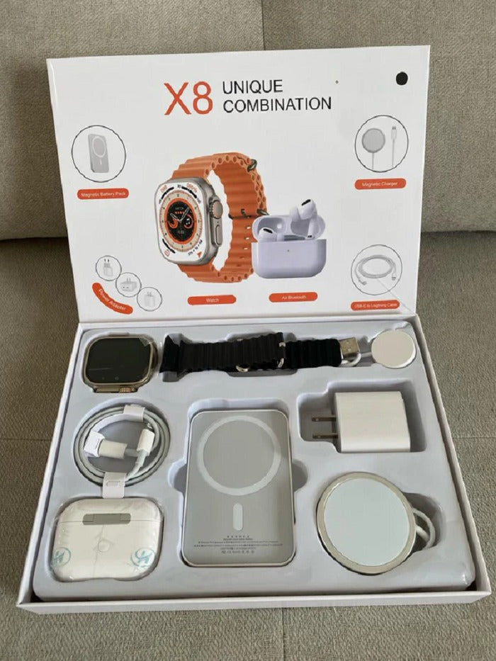 Combo Smartwatch X8 Ultra con correa negra en su caja