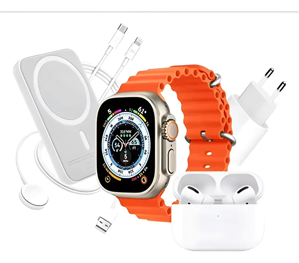 Smartwatch X8 Ultra correa naranja con todos los accesorios del combo